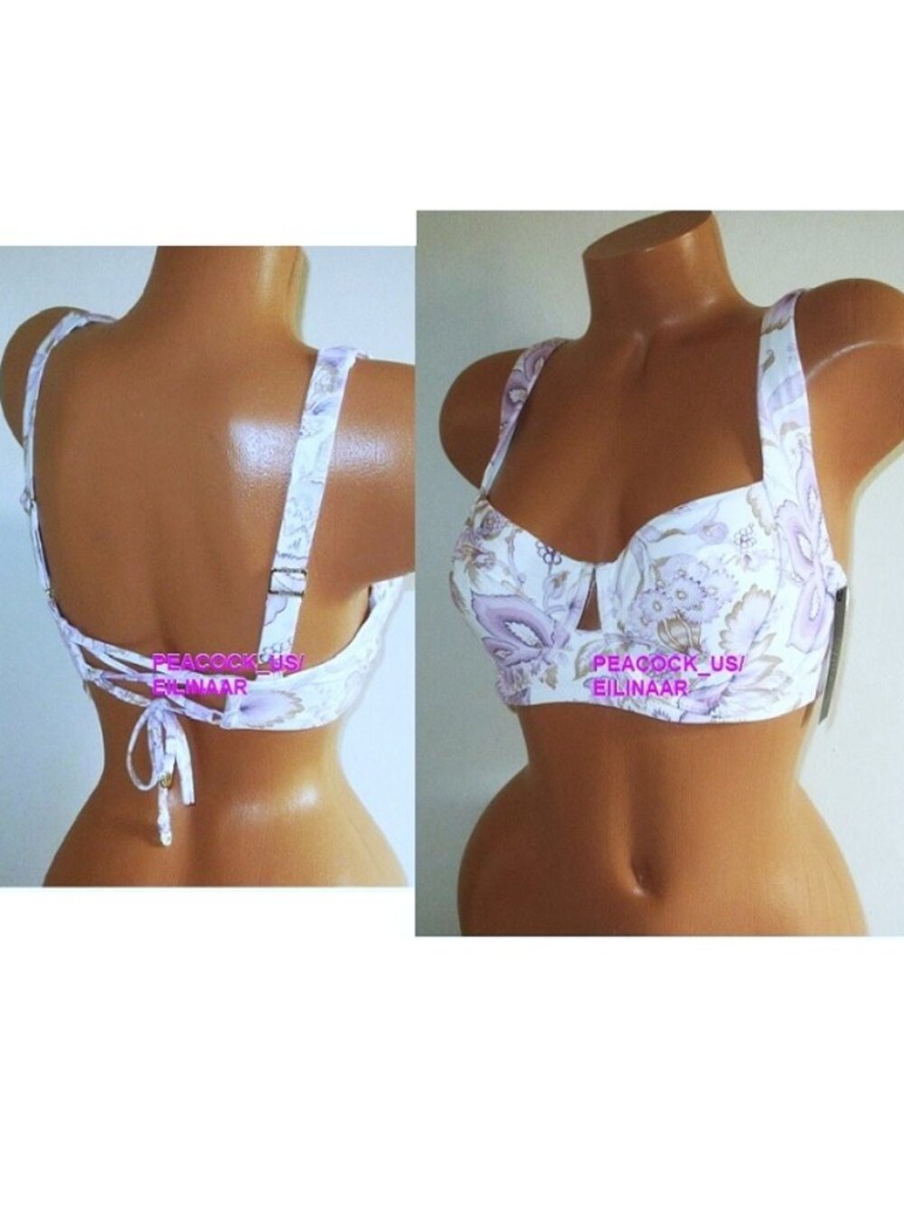34DD VICTORIA SECRET SWIM Lace-Up Back Strappy Bikini Top Pink Violet Floral $50